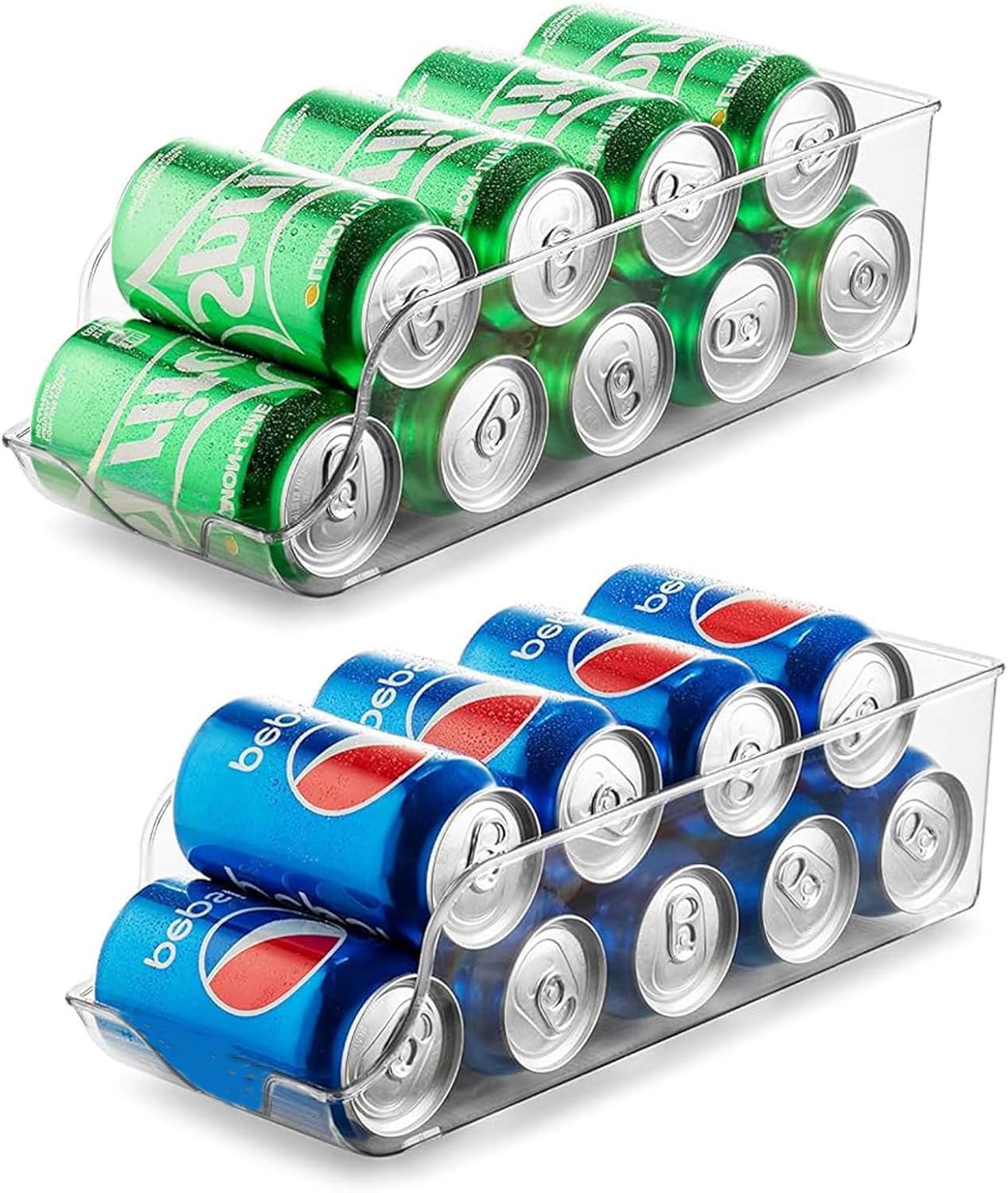 2 Pack Clear Soda Can Organizer Dispenser for Refrigerator - Space Saving Fridge Bins with Stackable Design, Countertop & Pantry Storage Containers for Cans, Bottles and Snacks