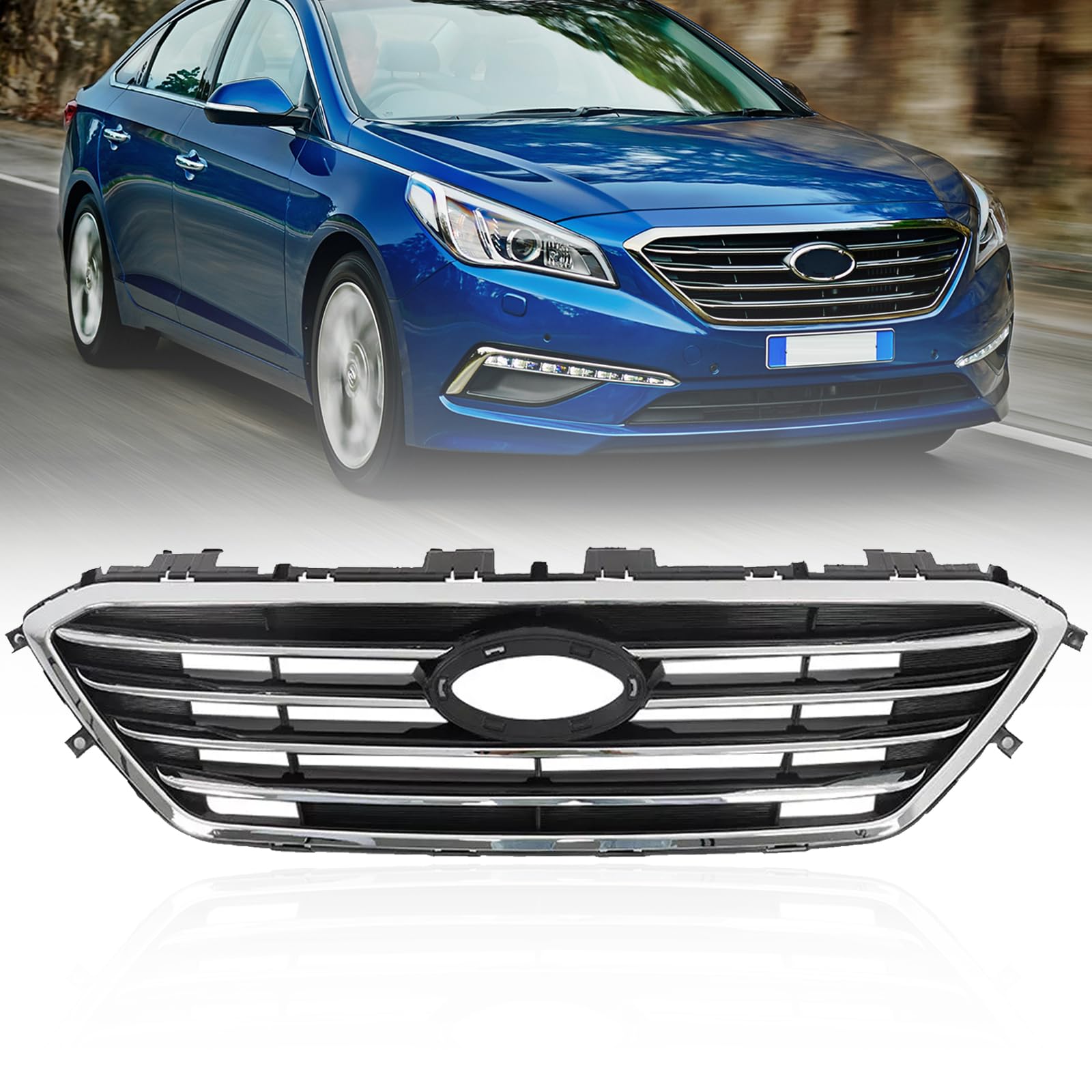 Front Bumper Chrome Black Upper Grille Compatible for 2015 2016 2017 Hyundai Sonata Factory Style Grille