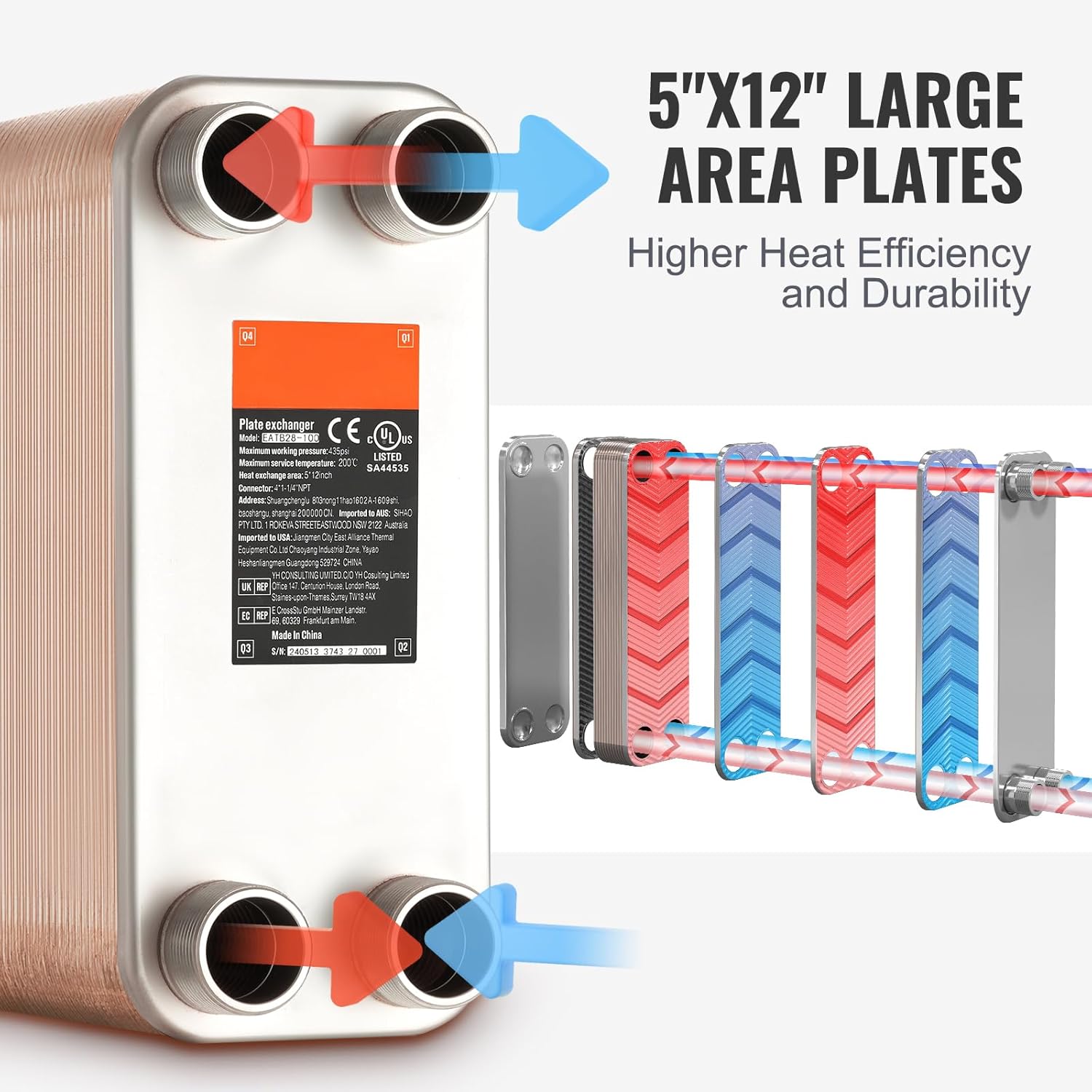 VEVOR Brazed Plate Heat Exchanger, EATB28-100 5"x12" 100 Plates, Copper 316L Stainless Steel for Floor Heating Water Heating Snow Melting Beer Cooling