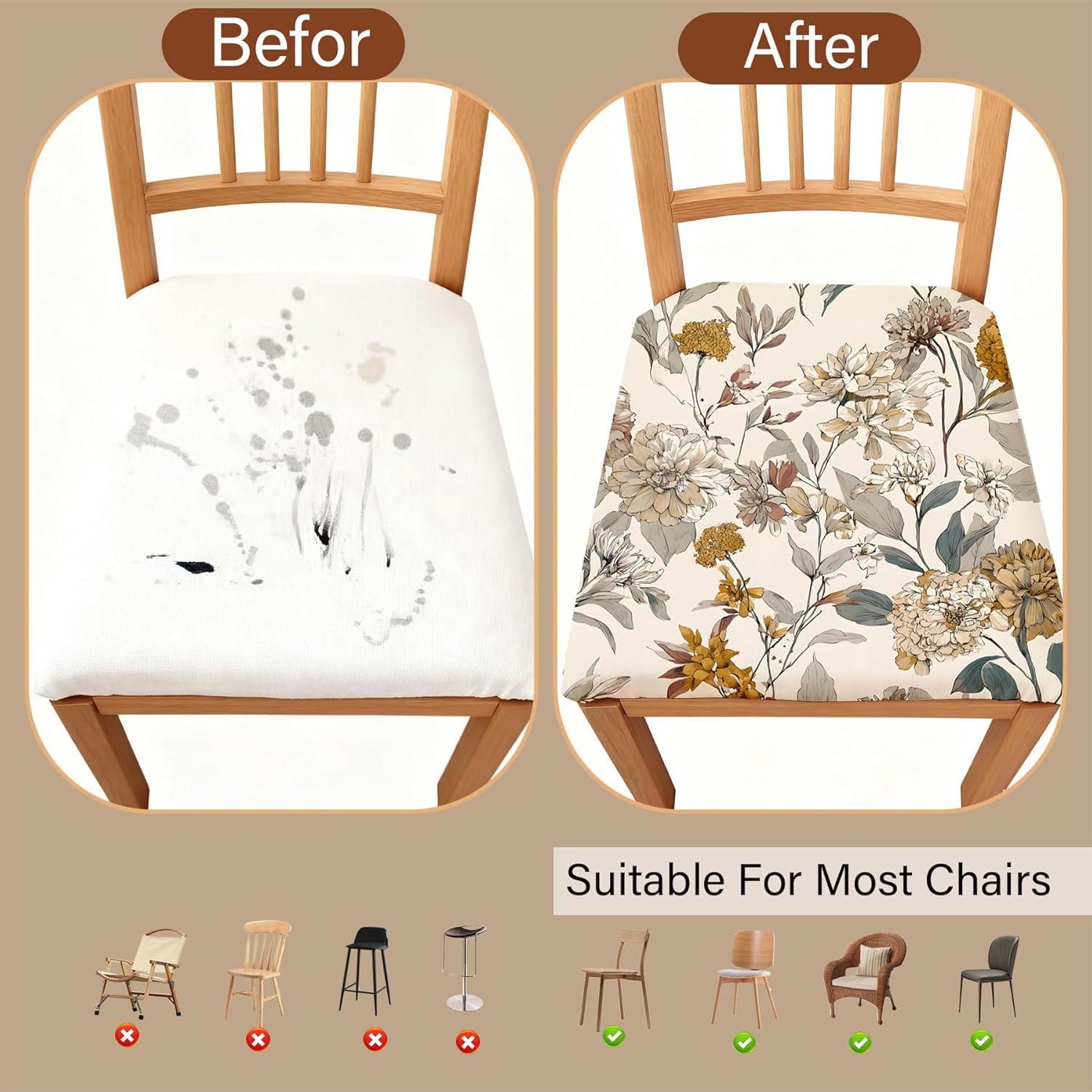 Chair Covers - Elastic Printed Dining Chair Slipcovers, Removable Washable with Elastic Band, Anti-Slip，Protective Covers for Dining Chair Cushions (Type 21, 6-Piece Set)