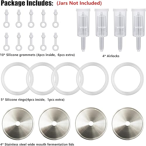 Miniatura 6 de Laffeya Tapas de fermentación, tapa de tarro Mason y cerraduras de aire para fermentación (juego de 4), tapas de fermentación de frasco de boca