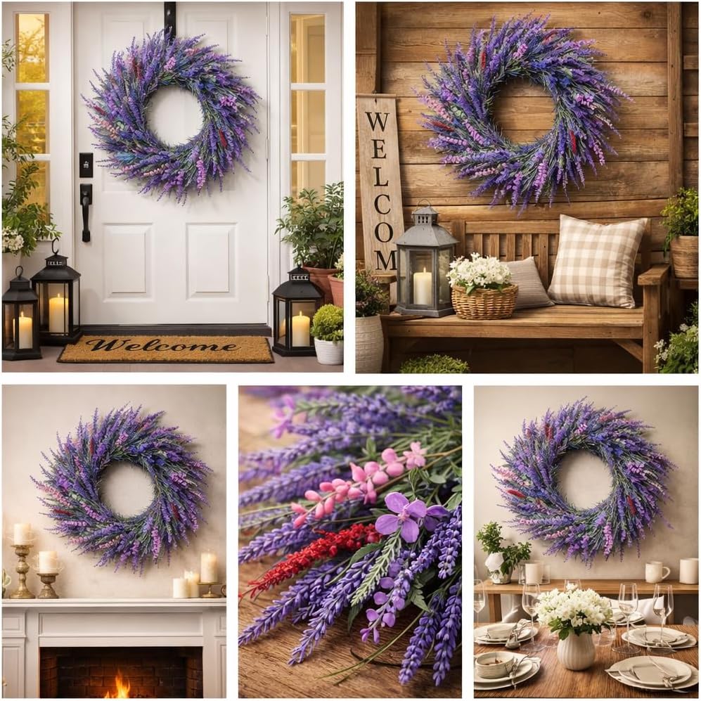 22'' Lavender Front Door Wreath with Hook, Large Purple Spring Summer Floral Wreath, Weather Resistant Artificial Farmhouse Porch Wall Fireplace Decor