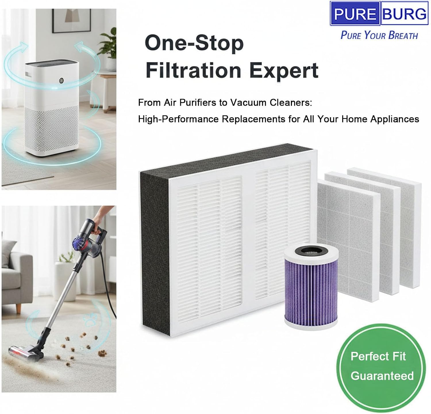PUERBURG Replacement Filter Compatible with WISESKY WS460A Air Purifier, 2-Pack H13 HEPA + Activated Carbon 2-IN-1 3-Stage Filtration