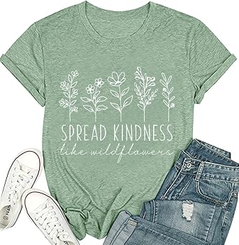 Women's Spread Kindness Like Wildeflowers Shirts Casual Short Sleeve Crewneck Summer Shirts Be Kind Graphic Tee Shirt