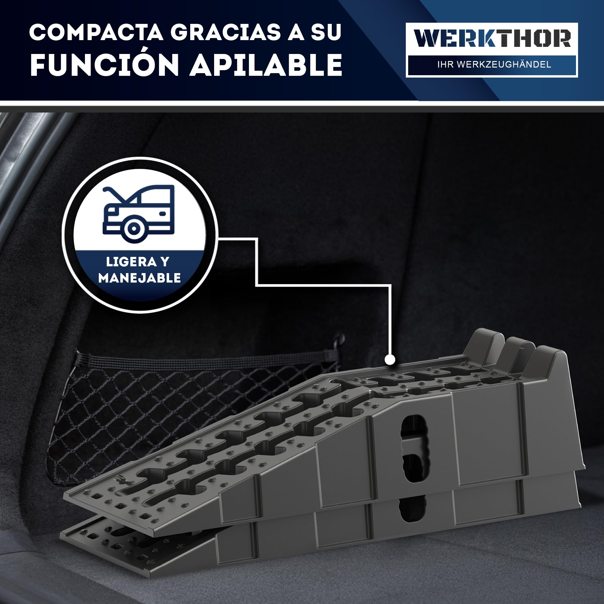 WERKTHOR Coche Rampa Drive-on - [Juego de 2] Rampas Drive-on para Máximo Agarre [<5t] - Coche Rampa Resistente para Cualquier Superficie - Rampas para Coches 2 Piezas