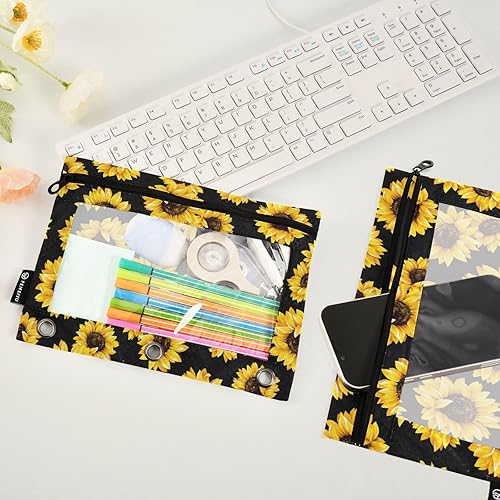 Miniatura 4 de Gredecor Estuche para lápices con 3 anillos, flores florales, girasoles, cremallera, estuche para lápices, paquete de 2 unidades, organizador