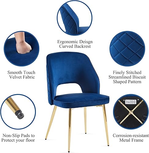 Miniatura 7 de NORDICANA - Juego de 2 sillas de comedor modernas, sillas decorativas tapizadas en tela de terciopelo azul marino con patas de metal dorado, sillas