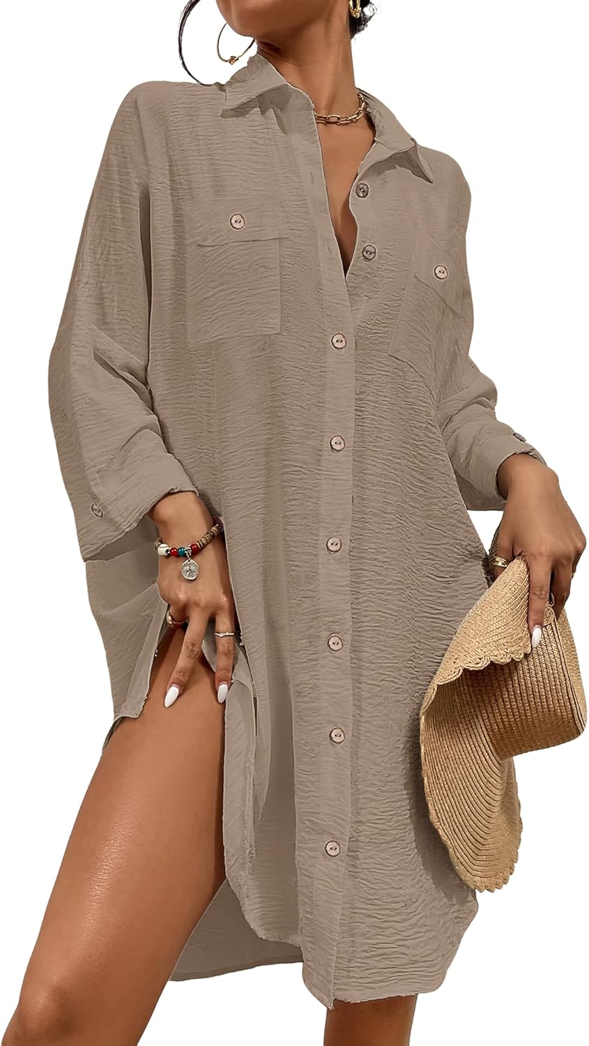 Bsubseach Womens Modern Swimsuit Cover Up Blouse Button Down Shirt Dresses Tops
