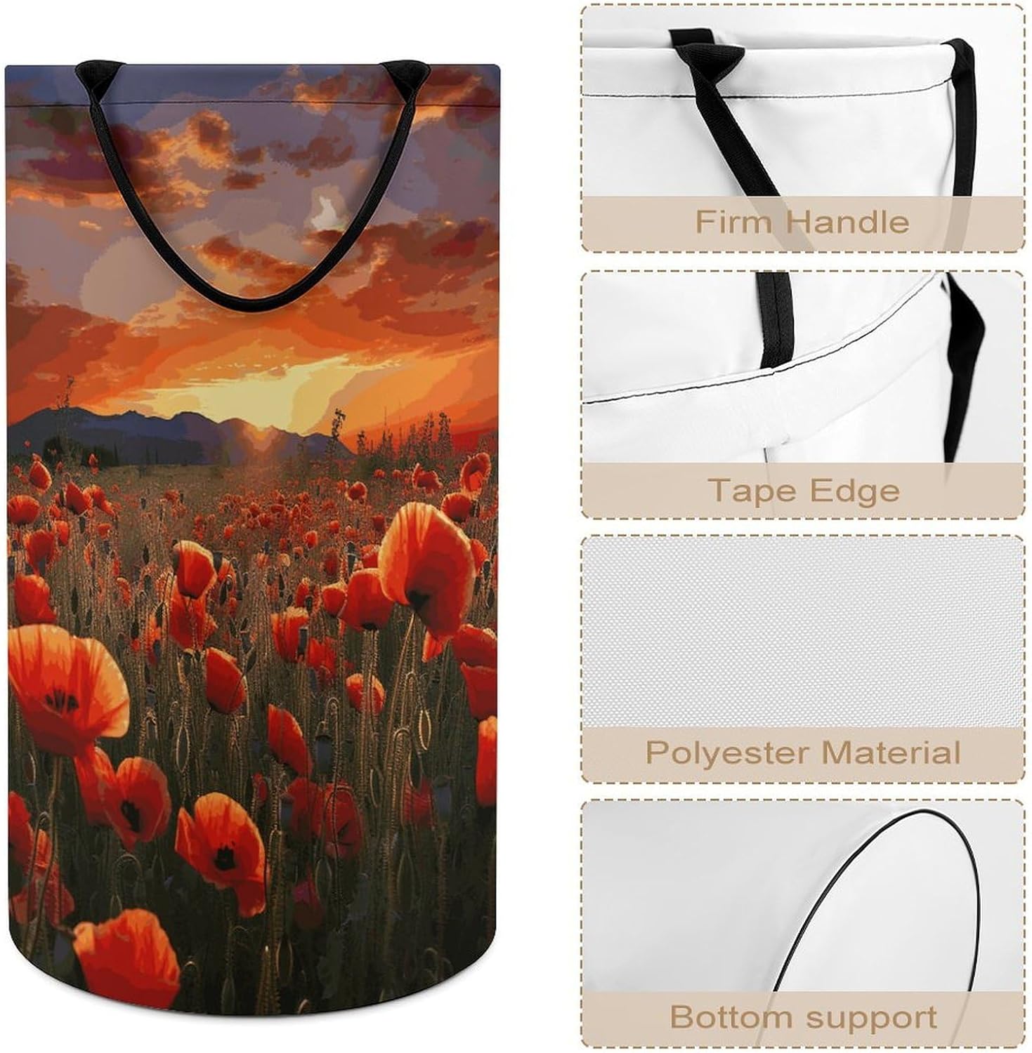Large Laundry Hamper with Handles Red Flower Field Laundry Basket Freestanding Waterproof Clothes Hamper for Living Room Bedroom Bathroom College Dorm