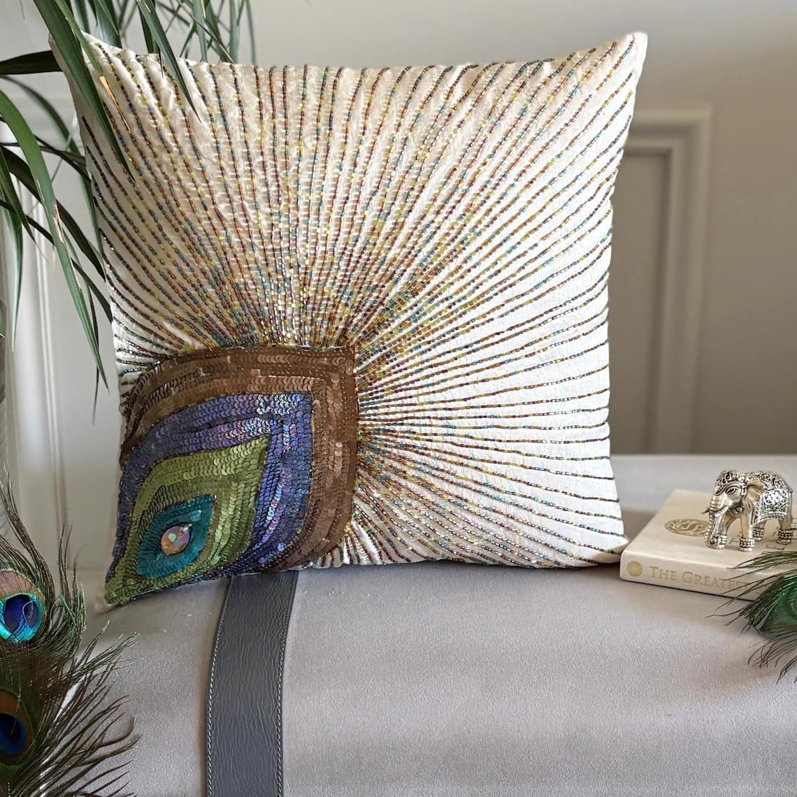 The HomeCentric Throw Pillow Cover, Ivory Decorative Pillowcase 16x16 inch (40x40 cm) Art Deco Pillow, Silk Throw Pillows for Couch, Birds, Peacock Feather, Beaded, Zippered Pillow - Peacock Beauty