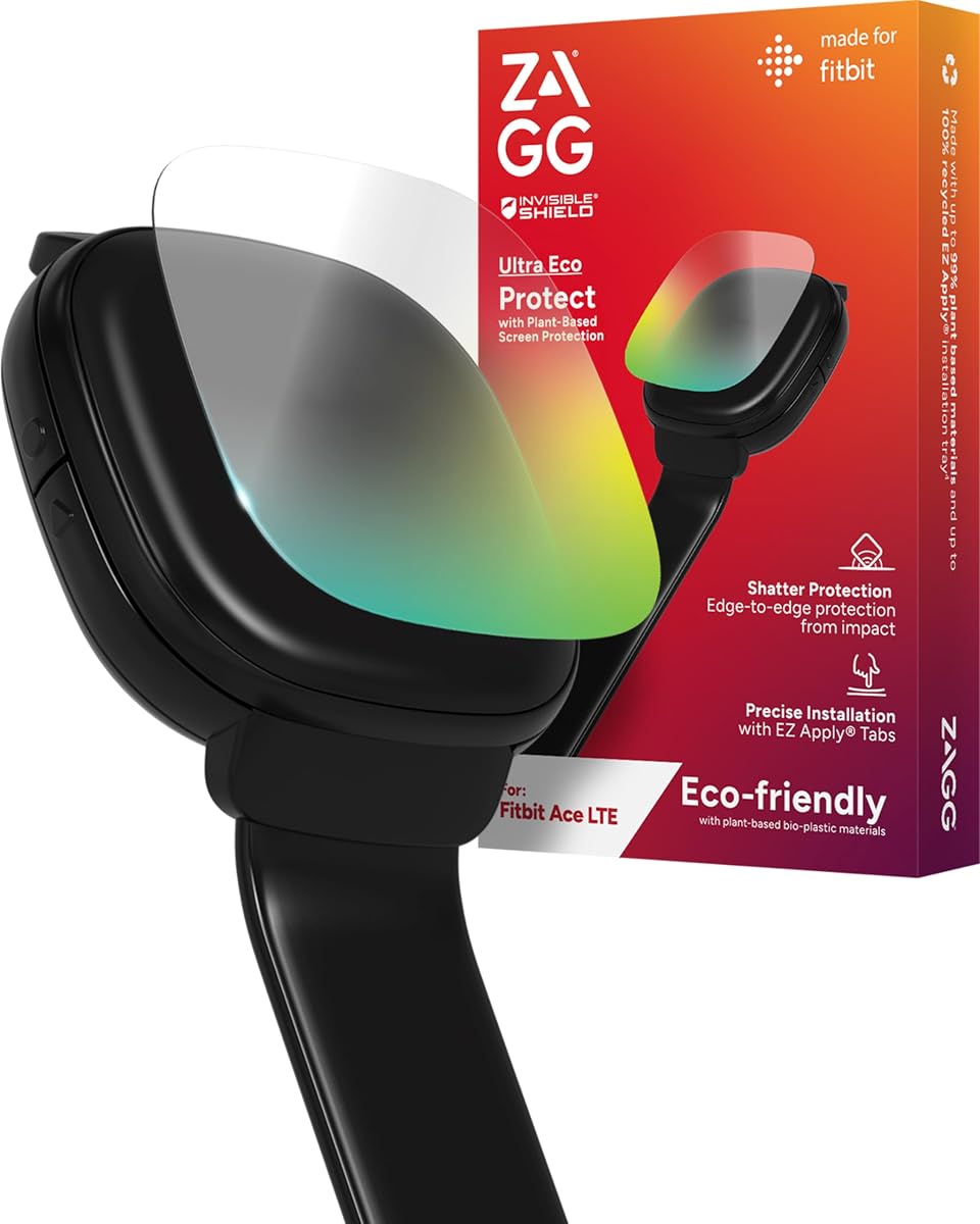 Protector de pantalla ZAGG Ultra Eco Fitbit Ace LTE: materiales de origen vegetal, protección contra impactos y rayones, claridad similar al vidrio