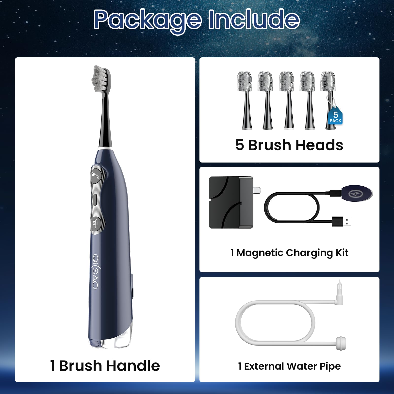 Pro - Cepillo de dientes eléctrico sónico todo en uno con hilo dental de agua, vibración de 60°, 5 cabezales de cepillo, 3 modos, batería de 30 días, para cuidado sensible de dientes y aparatos