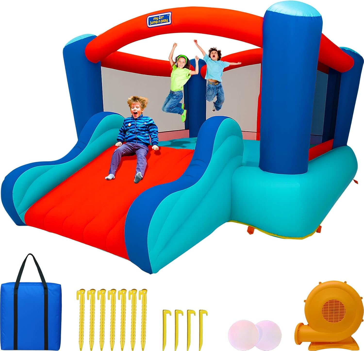 Sportspower My 1st Jump N Play with Slide & Mesh Pockets, Large Indoor/Outdoor Backyard Bounce House for Kids, ASTM Certified, on 400W Blower