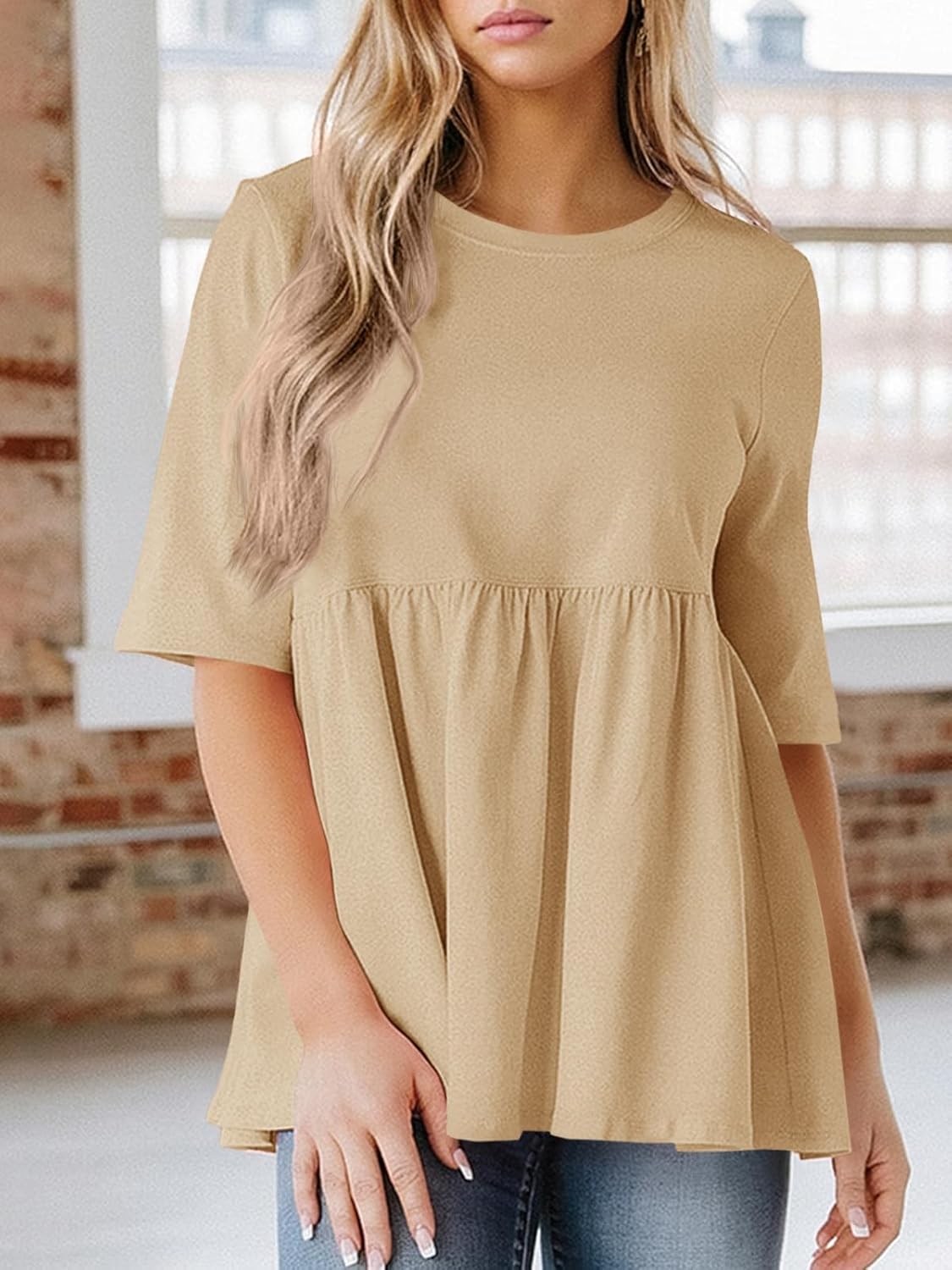 Cicy Bell Womens Summer Babydoll Tops Oversized Short Sleeve Crewneck T Shirts Peplum Casual Loose Blouse - Image 6