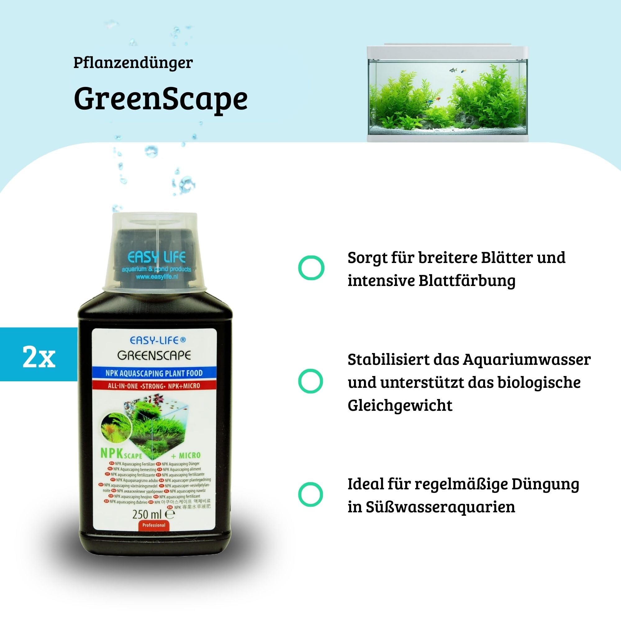 Easy Life GreenScape 2er Pack – 2×250 ml NPK Flüssigdünger für Aquarienpflanzen, fördert gesundes Wachstum & kräftige Blätter, mit Spurenelementen, einfache Anwendung, fischsicher