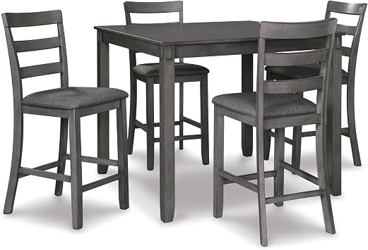 Signature Design by Ashley Bridson 5-Piece Counter Height Dining Table Set, Space-Saving Square Design, Solid Wood, Engineered Wood, and Birch Veneer Construction, Gray