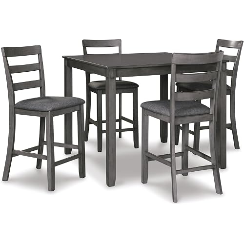 Signature Design by Ashley Bridson 5-Piece Counter Height Dining Table Set, Space-Saving Square Design, Solid Wood, Engineered Wood, and Birch Veneer Construction, Gray