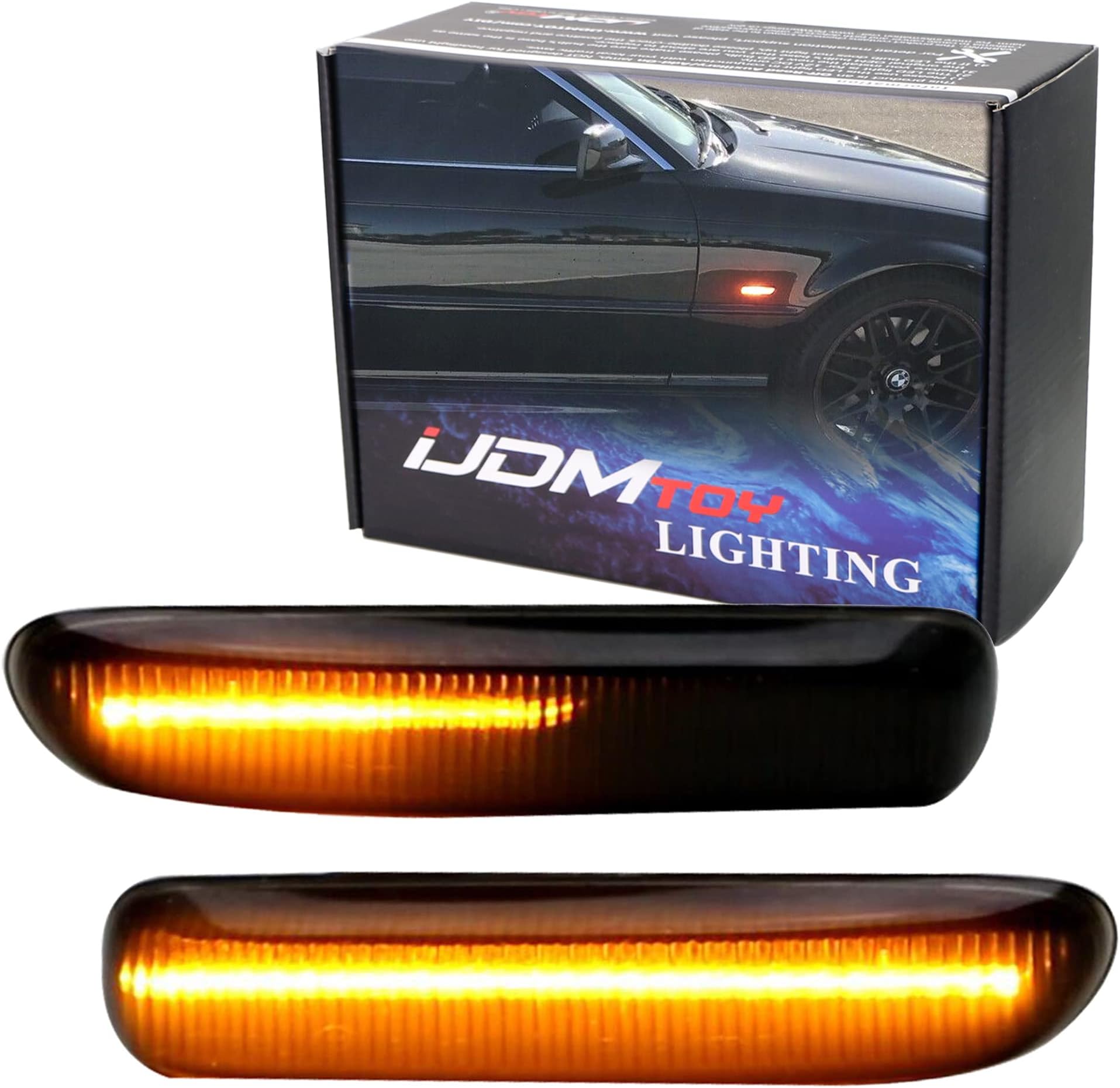 iJDMTOY Euro Smoked Lens Amber Full LED Sequential Blink Front Side Marker Light Kit Compatible With BMW E46 1999-01 3 Series Sedan, 1999-03 3 Series Coupe, Replace OEM Amber/Clear Sidemarker Lamps