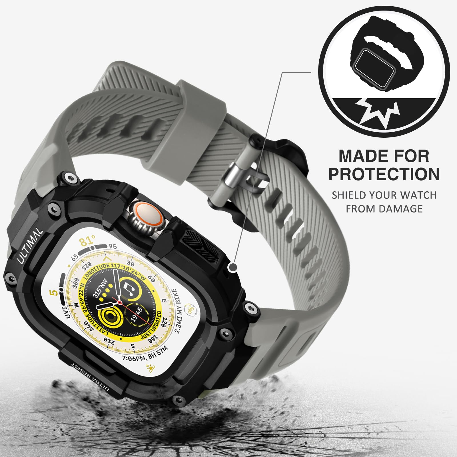 ULTIAML Etui ochronne z bransoletką, kompatybilne z Apple Watch ultra 2/ ultra 49 mm, regulowany, odporny na uderzenia, sportowy pasek, wytrzymały pasek premium (szary)