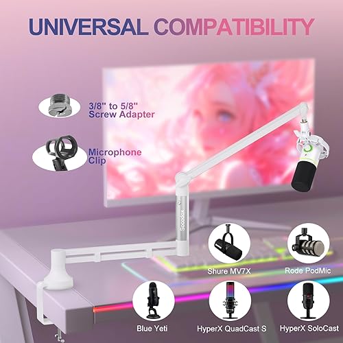 Miniatura 5 de Brazo de micrófono de perfil bajo, soporte de brazo de micrófono mejorado con abrazadera de montaje de escritorio de 2.8 in y adaptador de 38 y 58