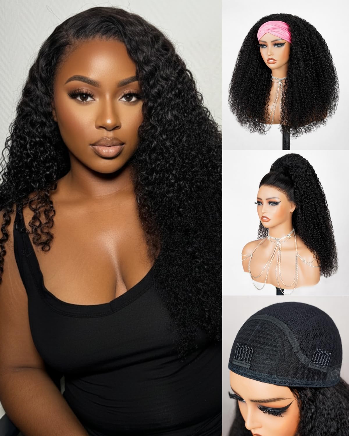Megalook hair Headband Wig Human Hair 200% Density Glueless Wigs Human Hair Special Kinky Curl No Lace Half Wig,18 Inch Drawstring Ponytail for Women