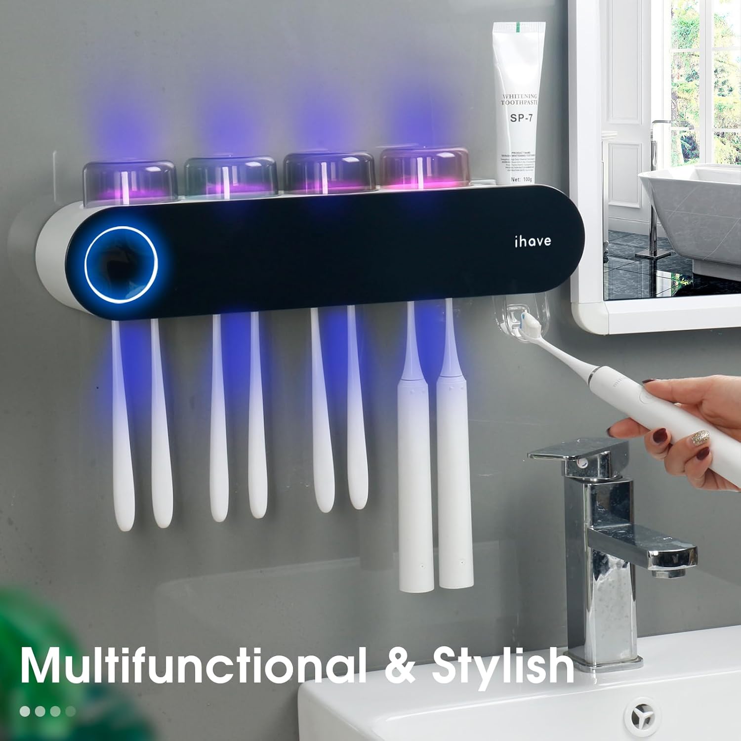 iHave Toothbrush Holders for Bathrooms, UV Toothbrush Sanitizer and Holder Smart Home Bathroom Accessories, 4 Cups Electric Toothbrush Holder Wall Mounted with Toothpaste Dispenser Bathroom Decor - Image 4