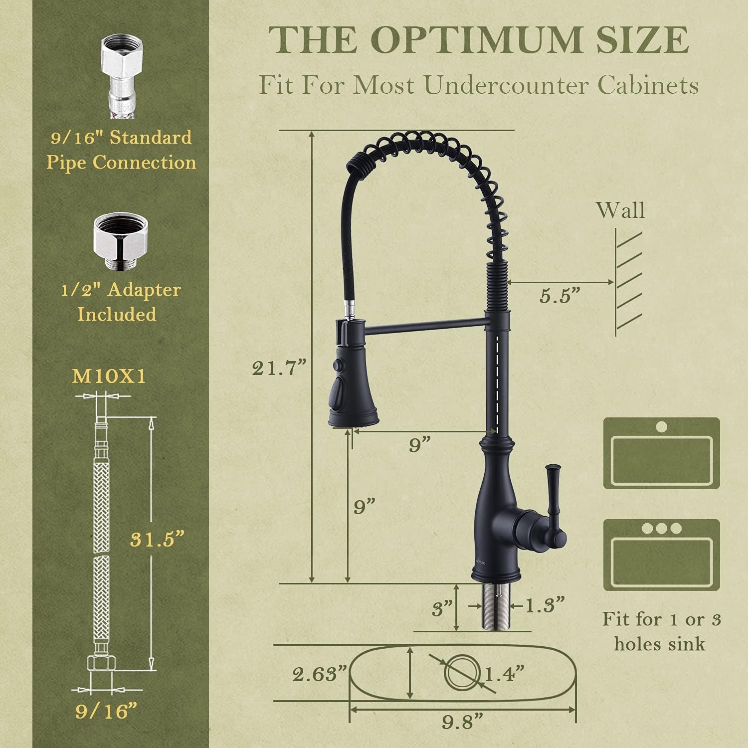 Detailed dimensions and installation compatibility for the APPASO kitchen faucet