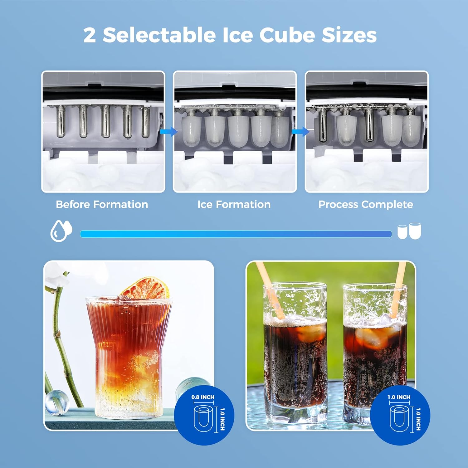 Diagram illustrating two selectable ice cube sizes: 0.8 inch and 1.0 inch bullet ice, with images of drinks containing each size.