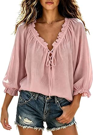 Boho Women's Fall 3/4 Ruffle Sleeve Lace-Up Peasant Blouse