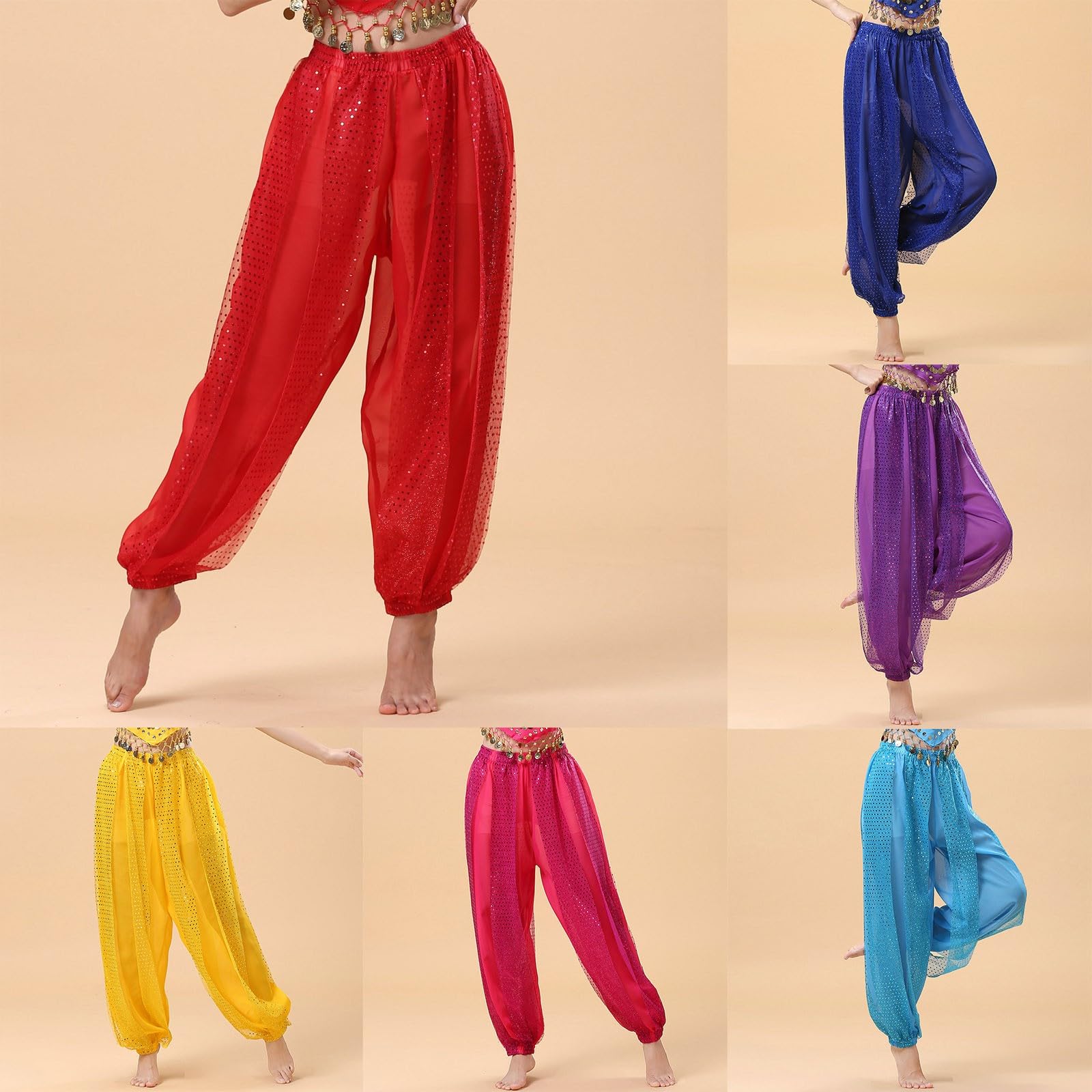 Pantalones Bombachos Danza del Vientre Árabes Tribales Gasa Mujer Suelto Brillante Lentejuelas