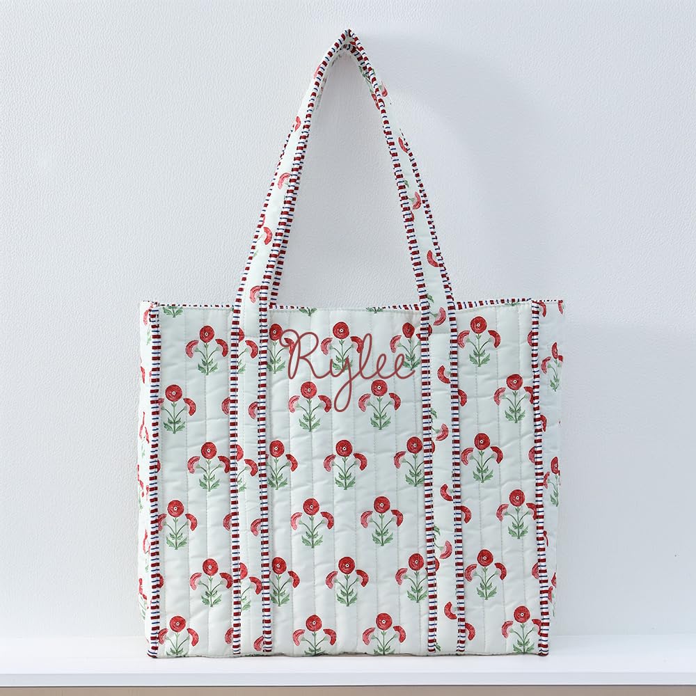 Threadart Personalized Quilted Red Block Print Tote Bag - Embroidered with Initials or Name - 16x17 5x6 -