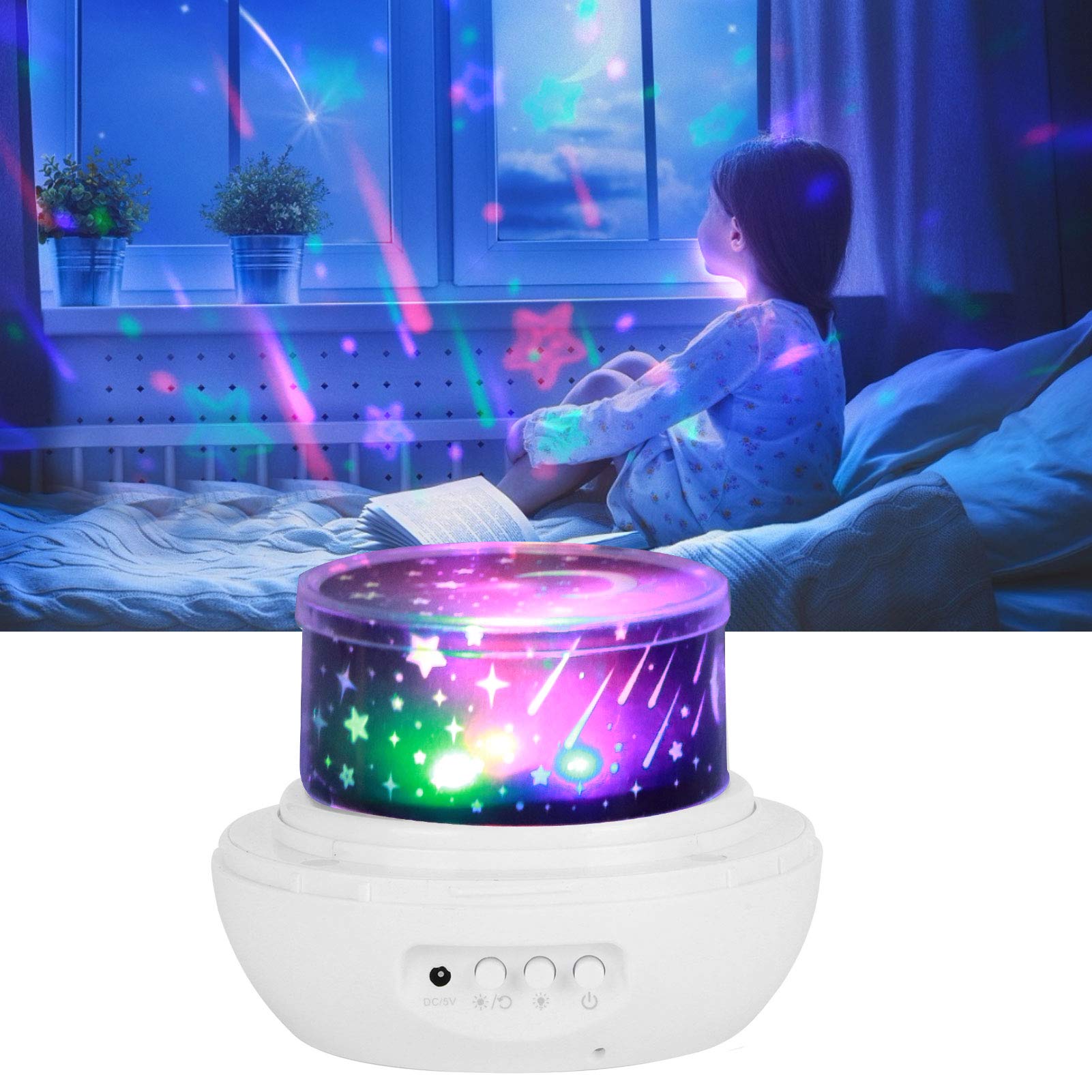 Lampada a proiezione stelle, luce notturna a doppia alimentazione USB e batteria per bambini e cameretta, proiettore a LED con 8 modalità di colore e effetto cielo rotante, include (Bianca)