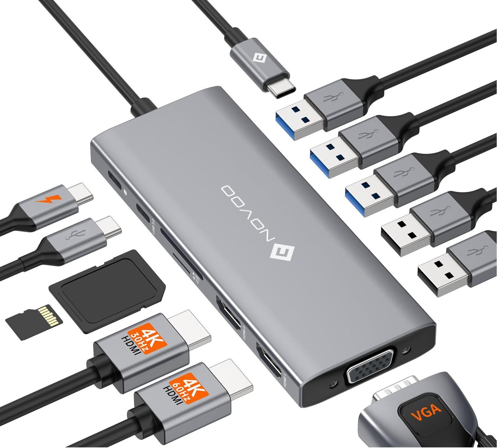 NOVOO USB C Docking Station Triple Display 13 in 1 Dual 4K@60Hz HDMI Hub VGA Adapter, 5 USB-A Datenports, 100W PD, USB-C Datenport, SD/TF Multiport Dock für MacBook M2 M3 Dell HP Surface