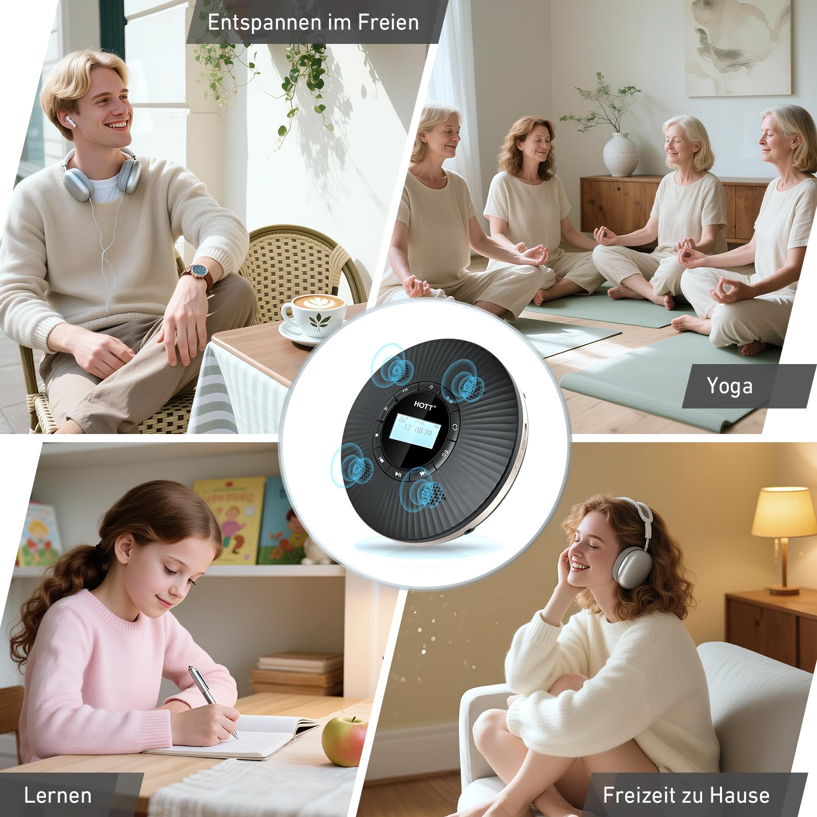 HOTT Tragbarer Bluetooth CD Player mit 4 Lautsprechern, FM-Transmitter & Anti-Skip, 1800mAh Akku mit Kopfhörern für Auto & Zuhause，Schwarz
