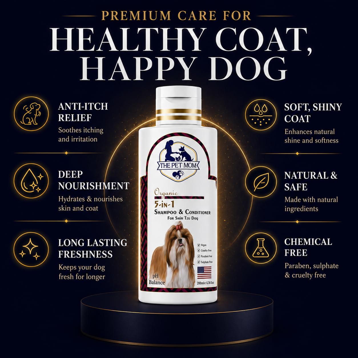 The Pet Mom Organic 5 In 1 Shampoo & Conditioner For Shih Tzu Dog & Puppy | Deep Cleans, Refreshing, Conditions, Anti Itching, Anti Fungal, Bad Odor | Dog Shampoo Conditioner For All Dogs Breed –200ml