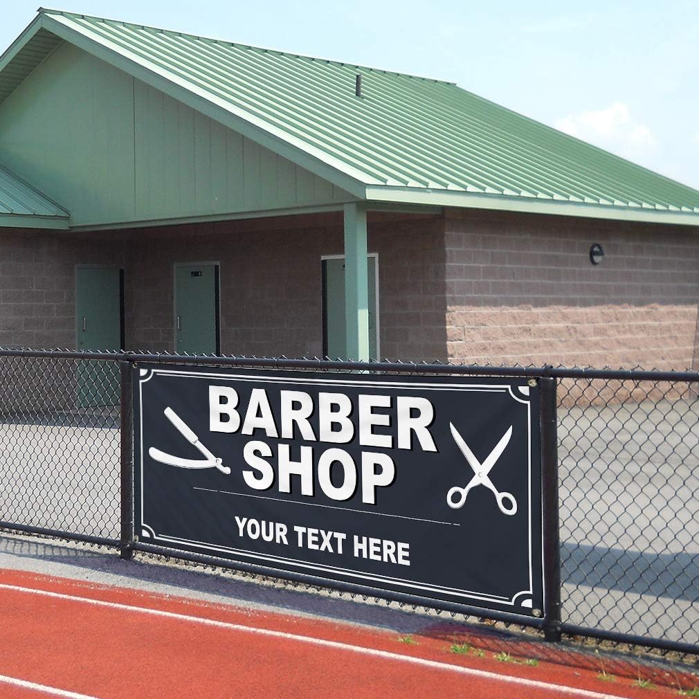 Custom Industrial Vinyl Banner Multiple Sizes Barber Shop Style D Personalized Text Here Business Outdoor Weatherproof Yard Signs Black 4 Grommets 16x40Inches