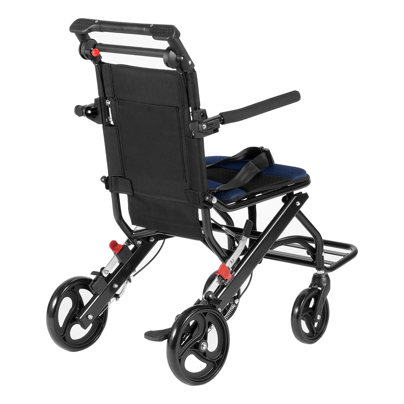 VEVOR Silla de Ruedas plegable de Transporte Ultraligera de Aleación de Aluminio para Adultos, con Brazos Abatibles hasta el Largo del Escritorio, Freno Autoblocante, 875 x 480 x 892 mm, Negro + Azul