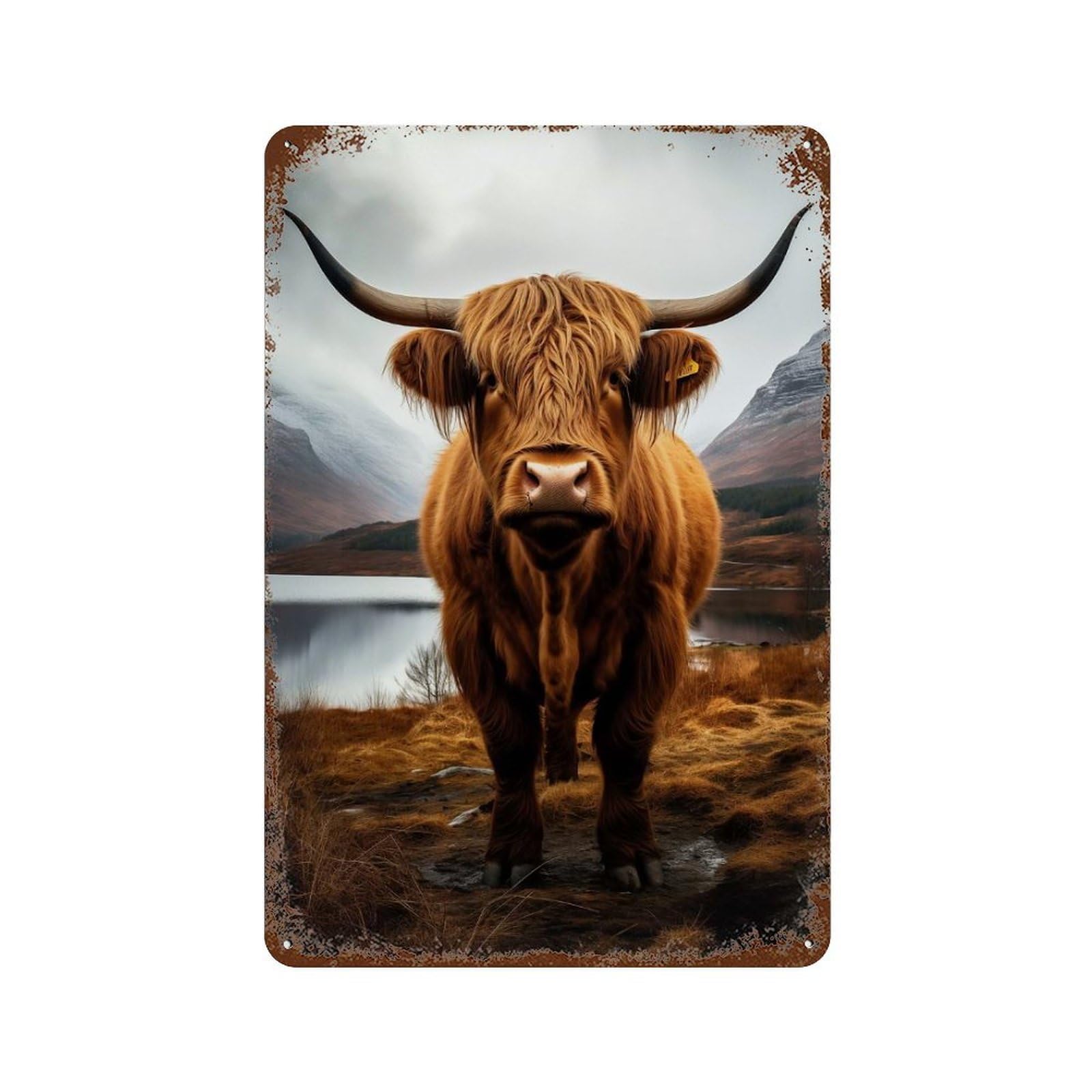 Vintage Rust Metal Sign with Highland Cow Cattle Design 11.8"x7.9", for Office, Studio And Wall Decor, Farmhouse Wall Decor