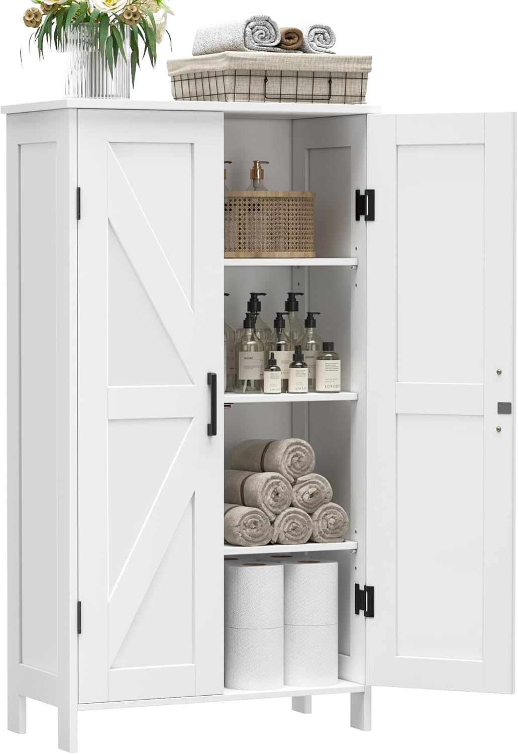 Farmhouse Bathroom Cabinet with Adjustable Shelves, Free-Standing Storage Cabinet with Barn Doors, for Kitchen, Living Room, Dining Room, Entryway, White Farmhouse Bathroom Cabinet with Adjustable Shelves, Free-Standing Storage Cabinet with Barn Doors, for Kitchen, Living Room, Dining Room, Entryway, White