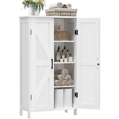 Farmhouse Bathroom Cabinet with Adjustable Shelves, Free-Standing Storage Cabinet with Barn Doors, for Kitchen, Living Room, Dining Room, Entryway, White