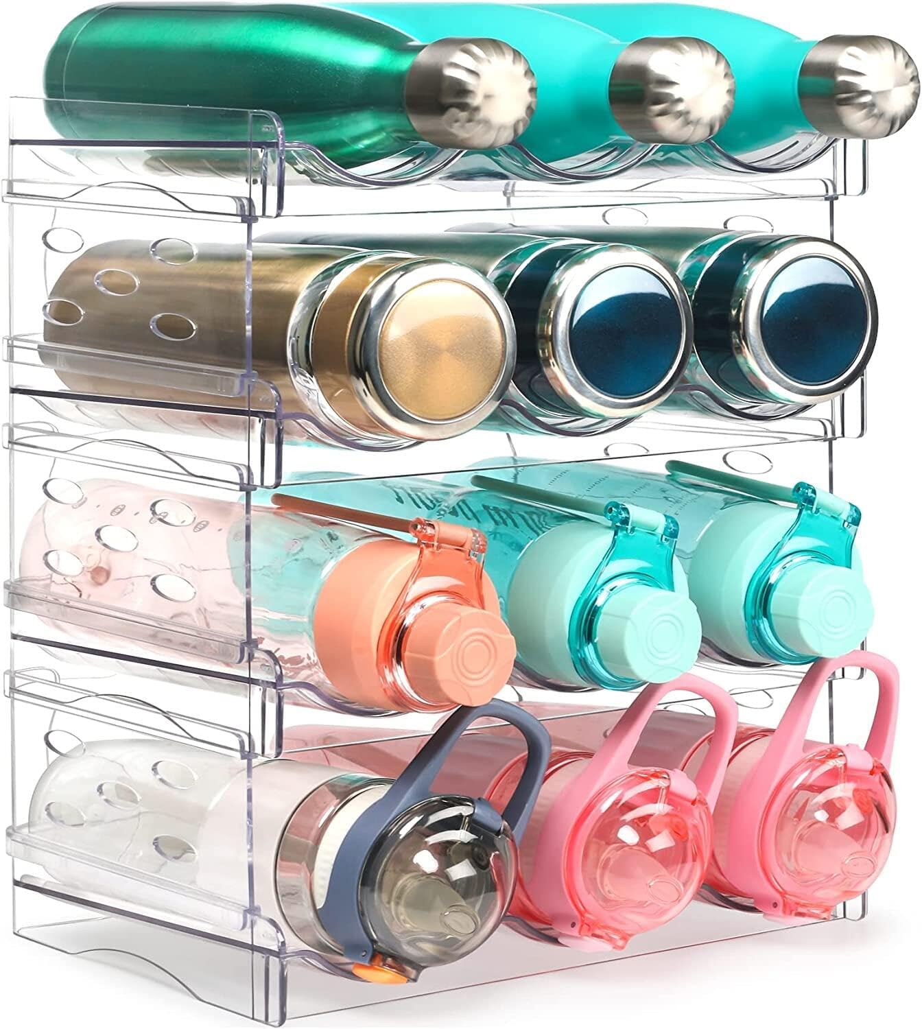 Water Bottle Holder, 4 Pack Stackable Water Bottle Organizer，Wine Rack Holder Cup Storage Rack Organizer for Cabinets, Kitchens, Hallways, Offices, 12 Bottle Capacity
