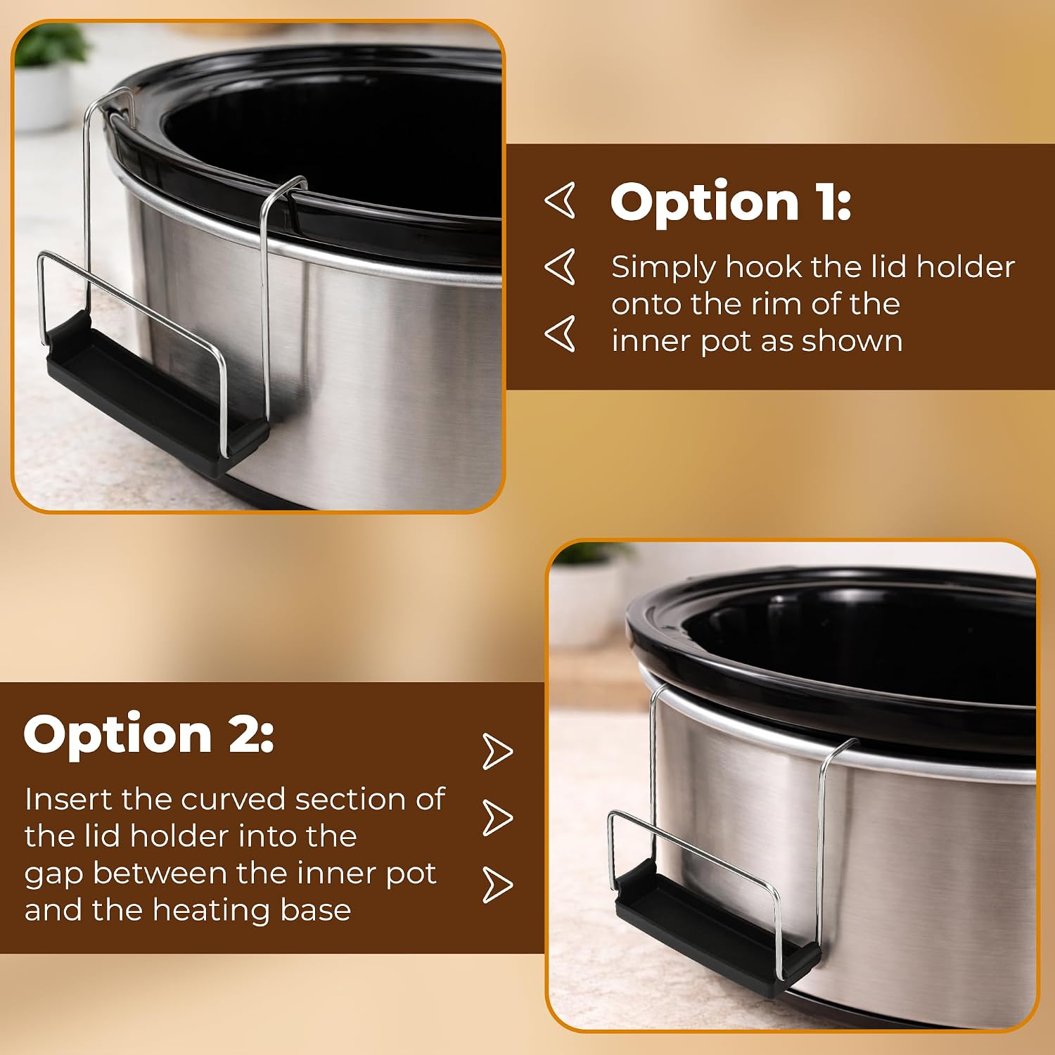 2PCS Chafing Dish Lid Holder - Slow Cooker Lid Holder for Cooking, Pot Rack with Silicone Sink Tray, Keeps Countertop No Mess & Holds Lids Securely, Stainless Steel Black Crock Mess-Free Utensil Rest