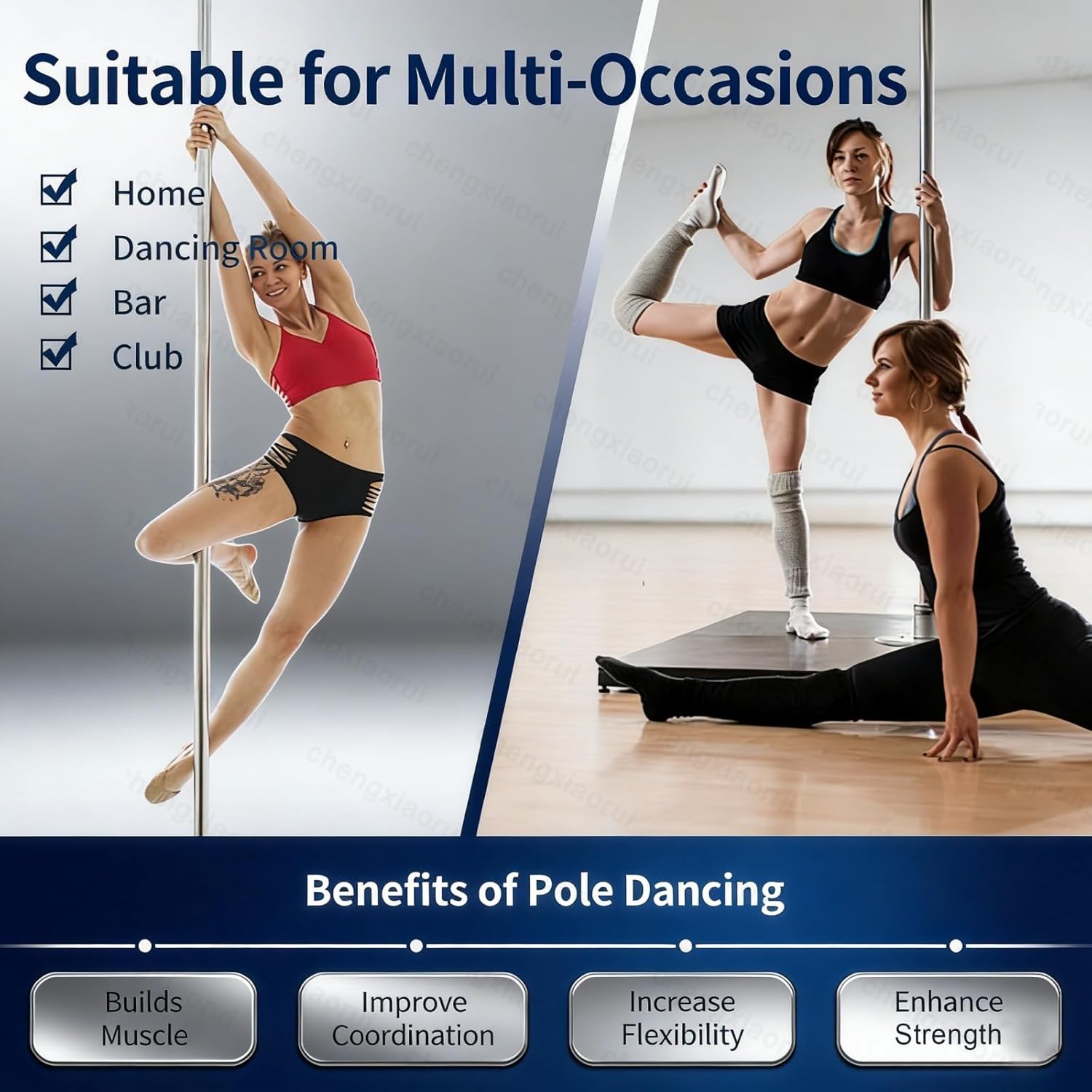 45mm Adjustable Height Dancing Pole Set, Includes Extension Tube for 9ft to 12ft Range, Spinning and Static, Chromed Steel, 400 lbs Capacity(12.5ft)