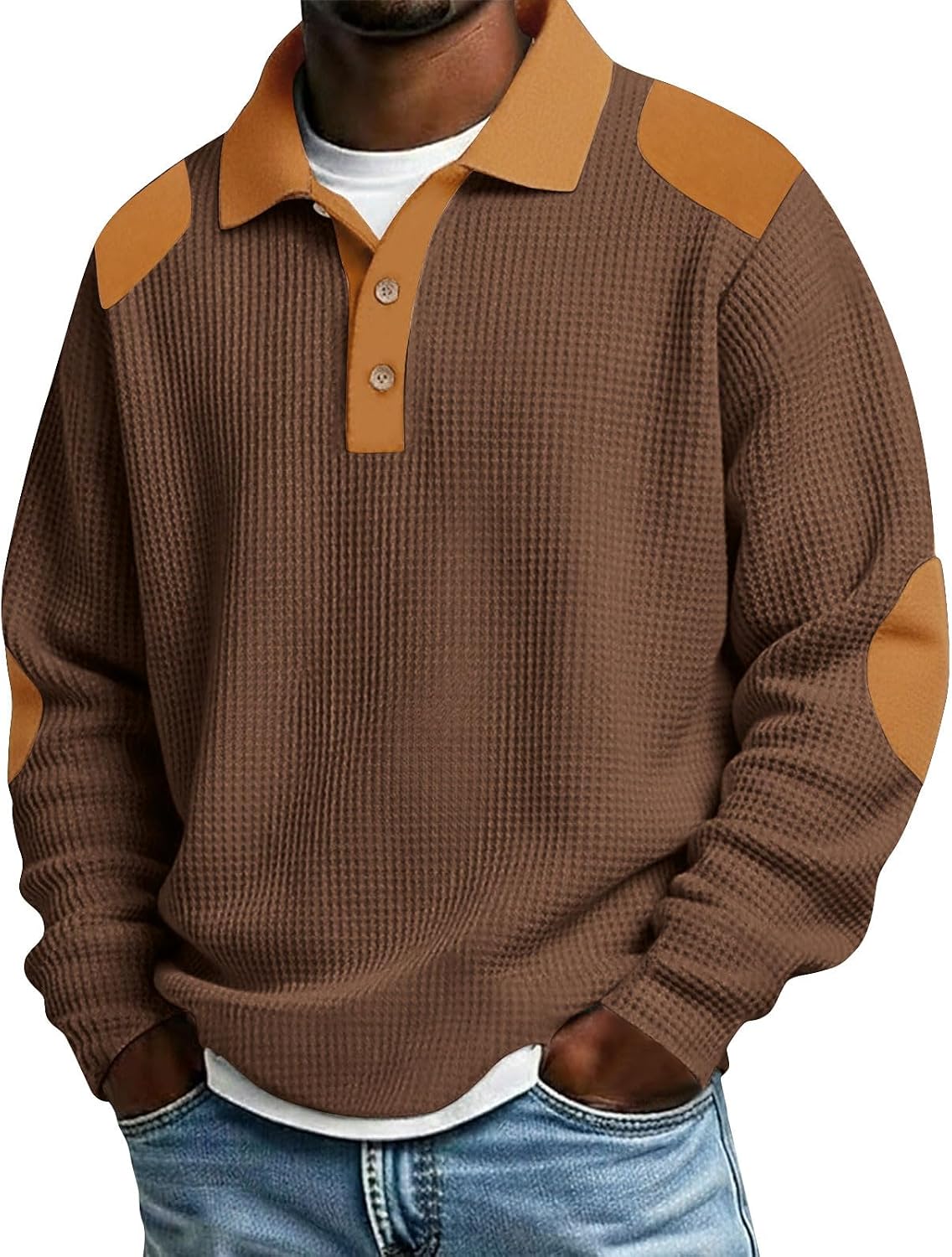 Mens Waffle Shirts Quarter Button Patchwork Long Sleeve Dressy Tshirt Casual Loose Fit Fashion Business Tops