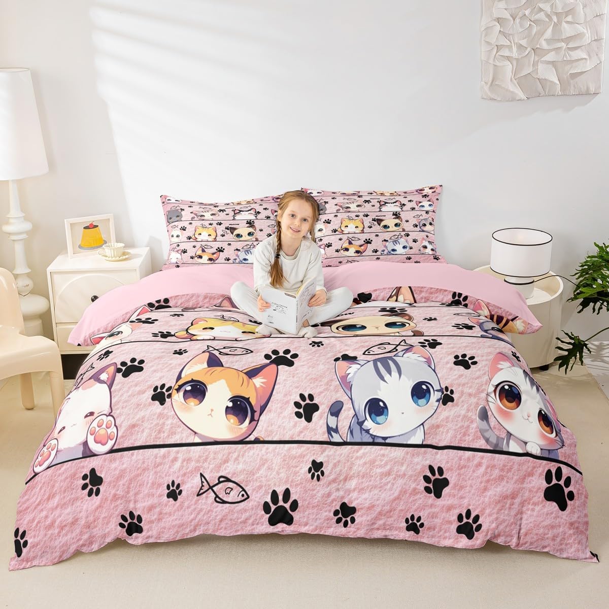 Cartoon Animals Duvet Cover Set Toddler Size,Cat Kitten Kitty Pet Pink Bedding Set,Kawaii Cute Cat Quilt Cover for Kids,Comforter Cover(No Filler),2 Pcs