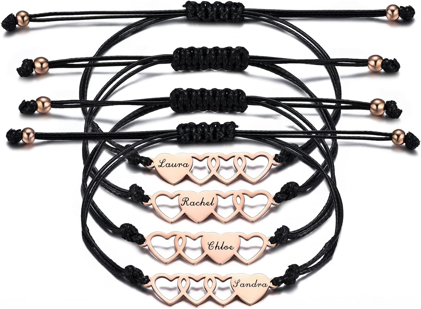 INBLUE Custom Matching Heart Bracelet Set, Personalized Name 2/3/4 Pieces Stainless Steel BFF Best Friend Bracelet Set, Friendship Gift for Sisters Best Friends Besties Women