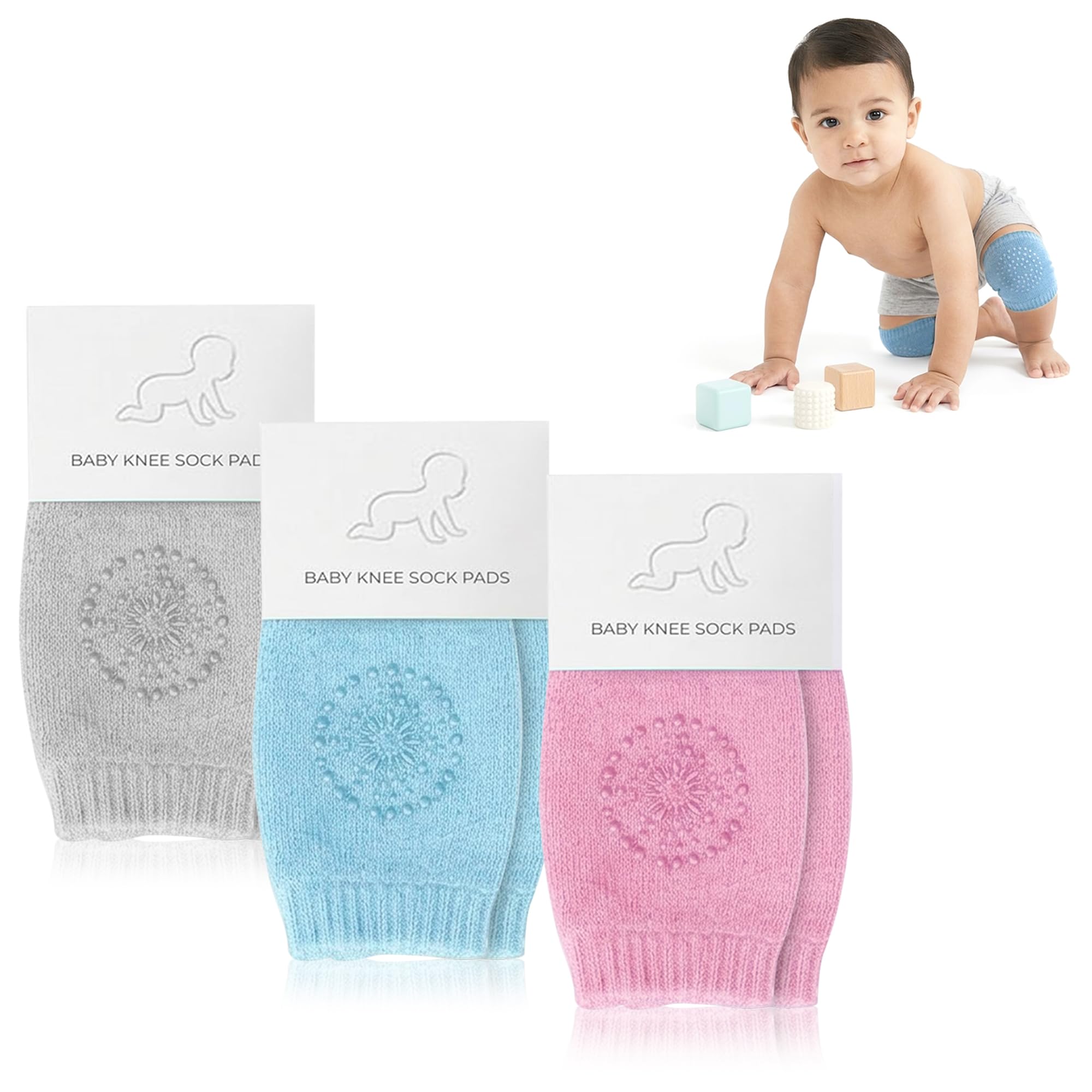 GLUN® Baby Knee Protectors for Crawling, 3 Pairs Multicolour, Breathable Cotton Anti-Slip Knee Pads, Stretchable Elastic Safety Guards for Toddlers Unisex