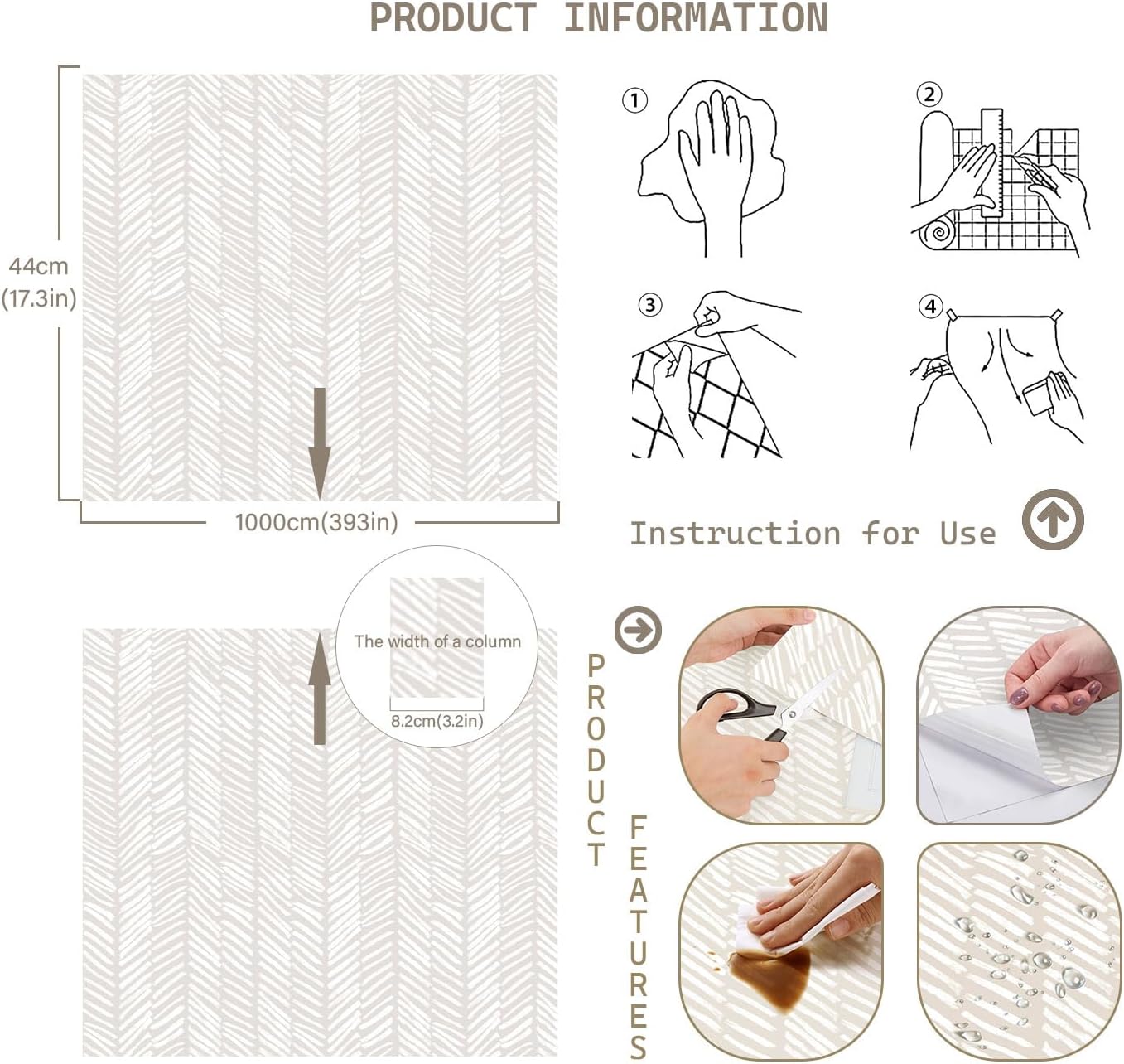 Striped Wallpaper Peel and Stick Wallpaper for Bedroom 17.3"x393" White/Beige Wall Paper Herringbone Self Adhesive Removable Wallpaper Modern Line Contact Paper for Cabinets Bathroom Decor