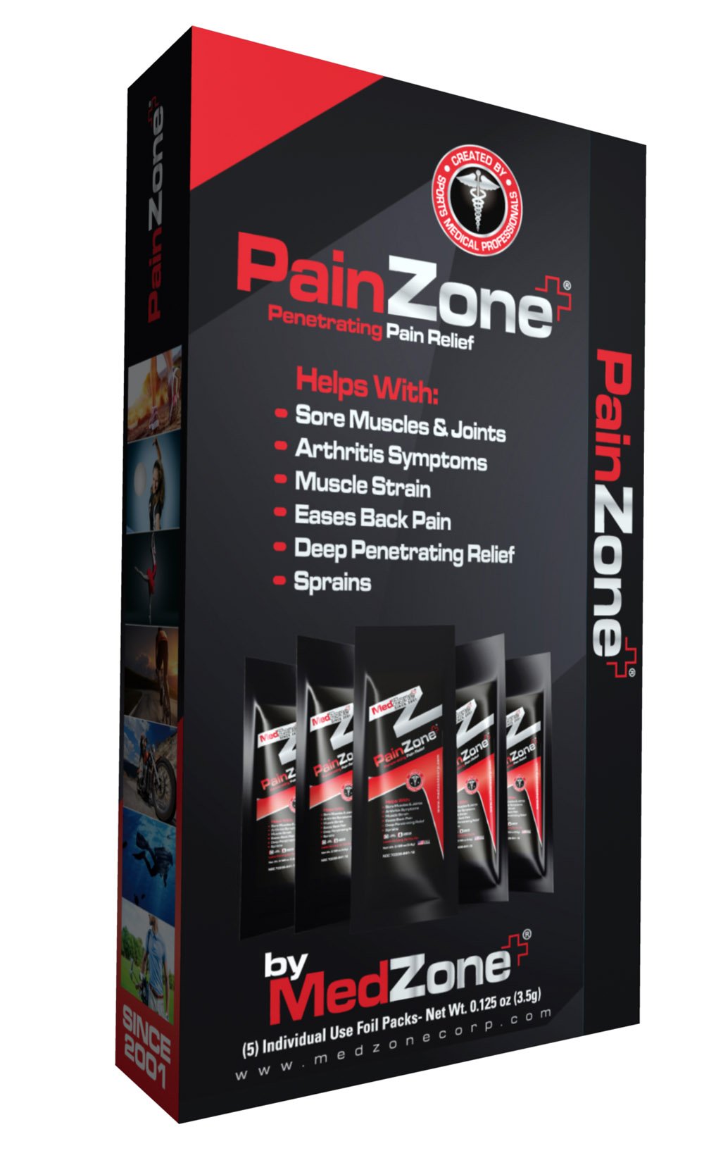 MedZone PainZone - Pain Relief with Menthol and Aloe Vera for Knee, Shoulder and Back Pain, Anti-Inflammatory, Back pain relief, Helps plantar fasciitis, fibromyalgia and arthritis, 1/8oz 5 packs/box