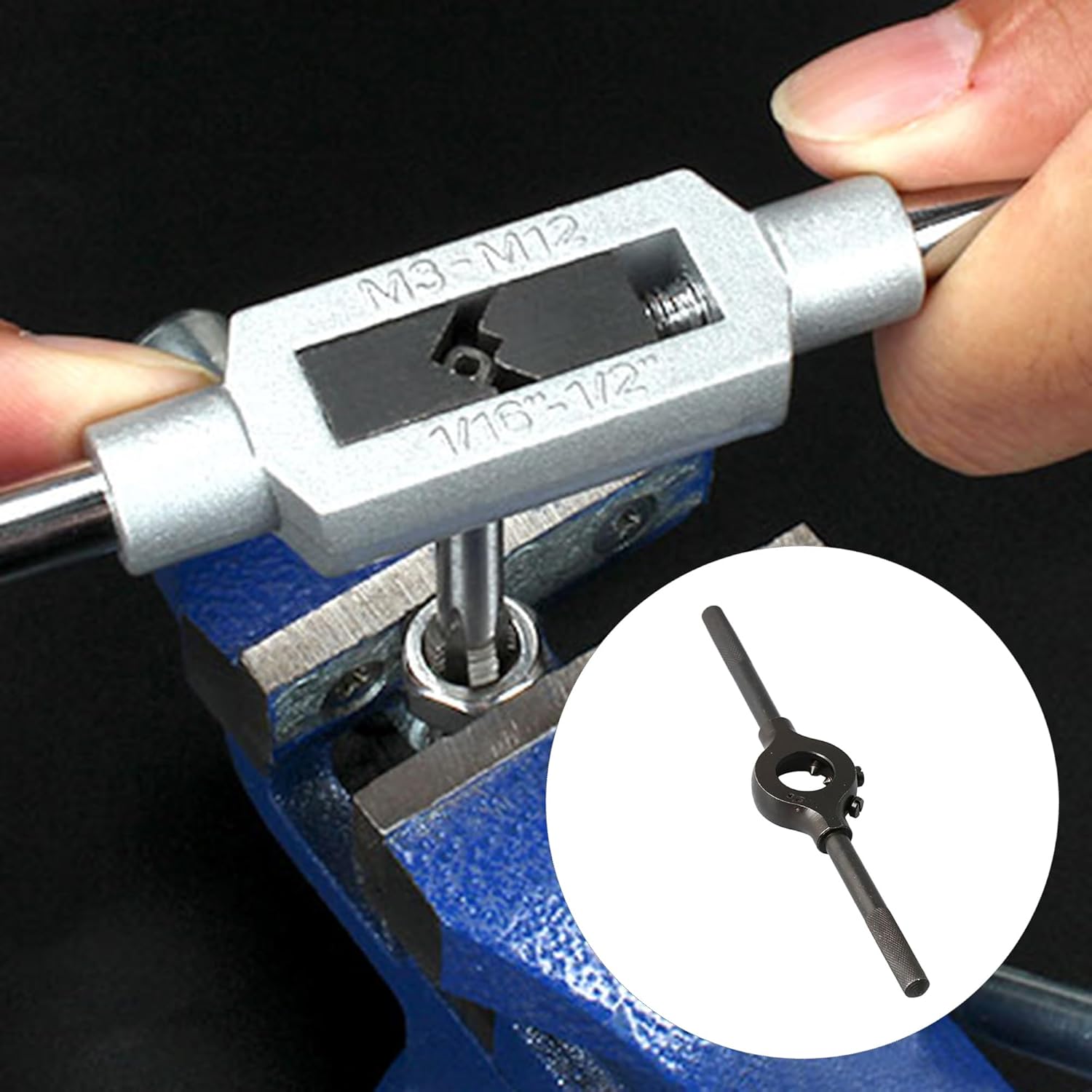 Black 3.7CM Diameter #25.4 Adjustable Round Die Handle Stock Holder Thread Tap Wrench Bar Tools for Mechanics/Tradespeople